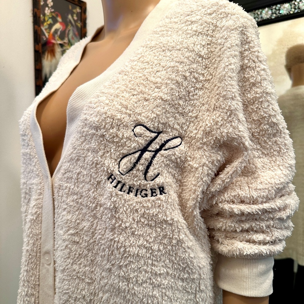 Tommy Hilfiger Fuzzy Cream Long Button Cardigan Sz L